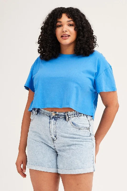 Blue Crew Neck Short Sleeve Semi Crop T-shirt