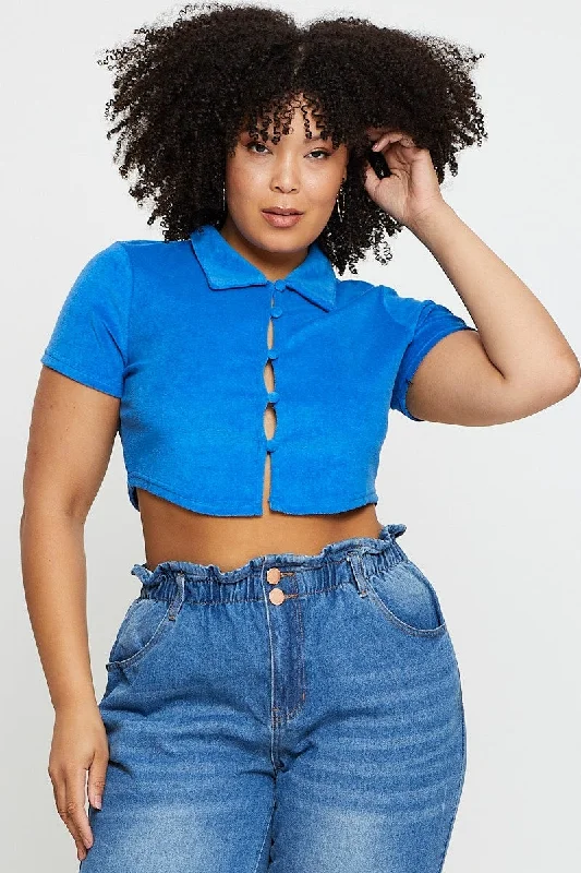 Blue Crop Top Terry Short Sleeve Button Front