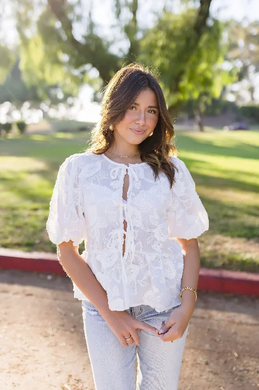 Bobbi Short Puff Sleeve Bow Tie Floral Babydoll Top White