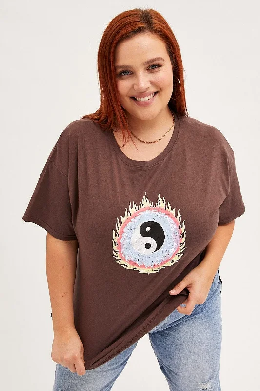 Brown Graphic T-shirt Longline Yin Yang Cotton