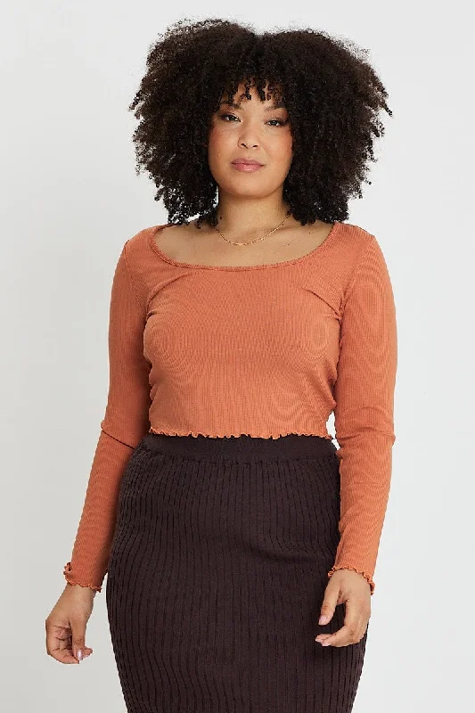 Brown Rib T-shirt Scoop Neck Long Sleeve