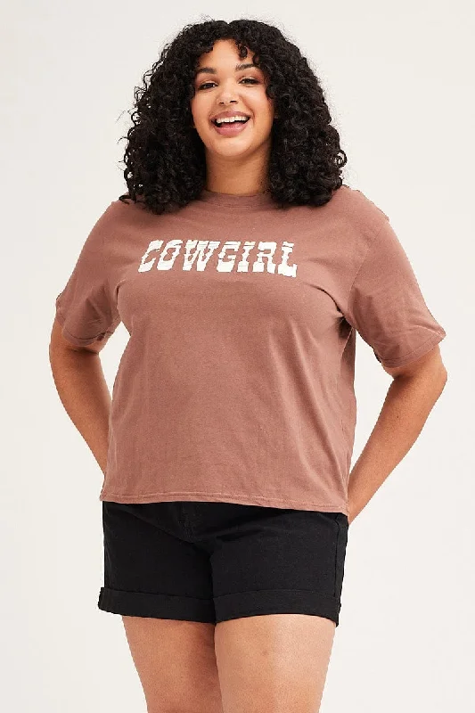 Brown Short Sleeve Crop Graphic T-shirt