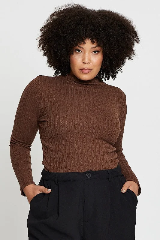 Brown Textured Jersey Black Funnel Neck Top