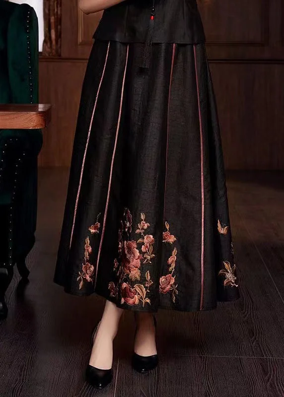 Chinese Style Black Embroideried Pockets Patchwork Silk Skirts Fall