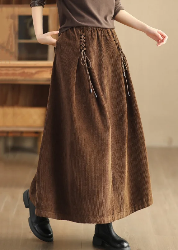 Coffee Solid Lace Up Corduroy Skirts High Waist