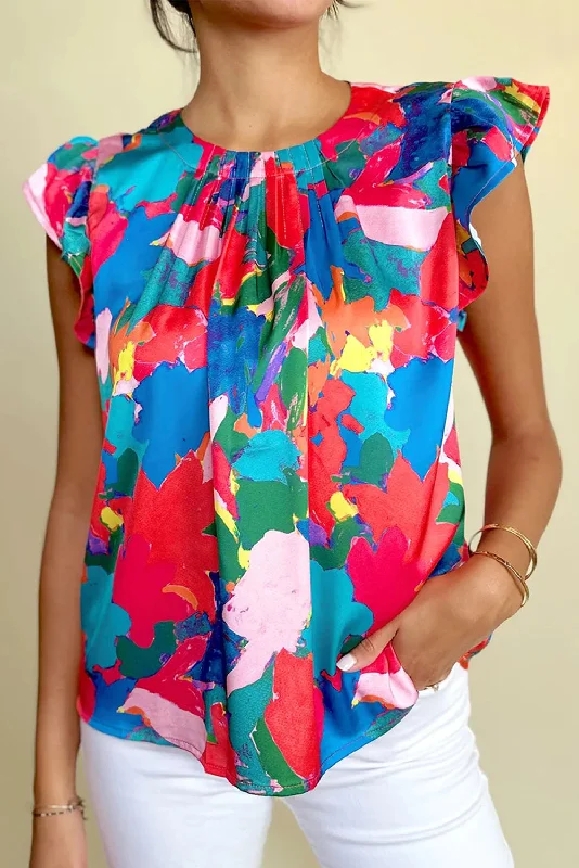 Abstract Print Pleated Neck Flutter Sleeve Blouse