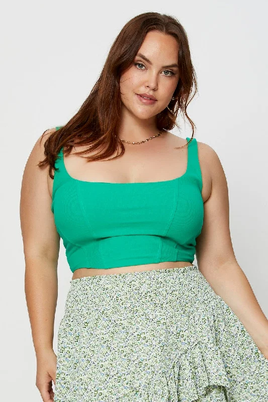 Green Crop Top Square Neck Slevless Corset