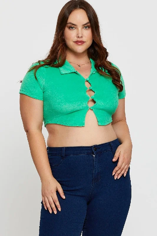 Green Crop Top Terry Short Sleeve Button Front