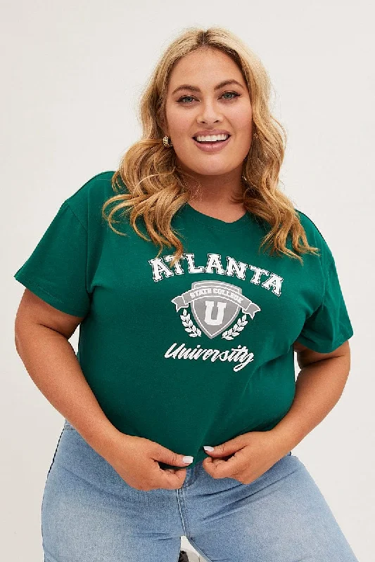 Green Graphic T-shirt Atlanta Crop Cotton