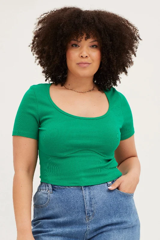 Green Scoop Neck Short Sleeve Underseam T-shirt