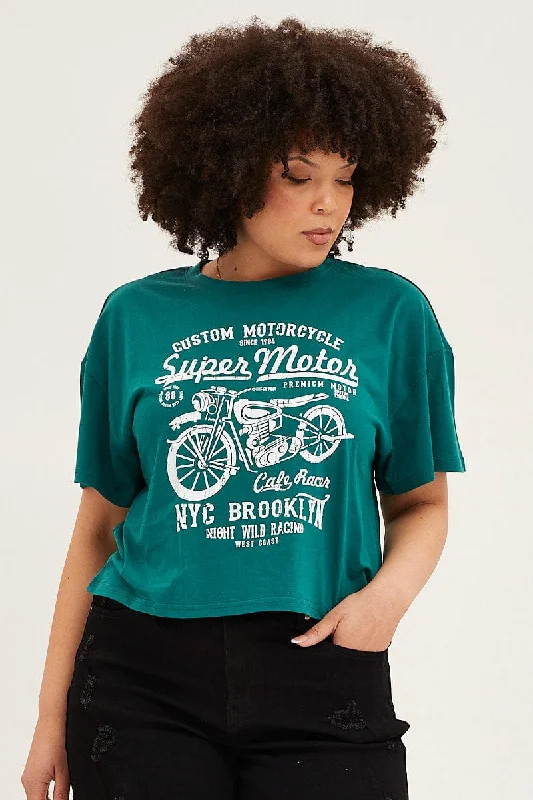 Green Short Sleeve Graphic Crop T-shirt