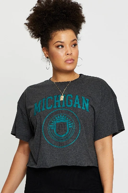 Grey Crop T-shirt Michigan Short Sleeve Cotton Semi