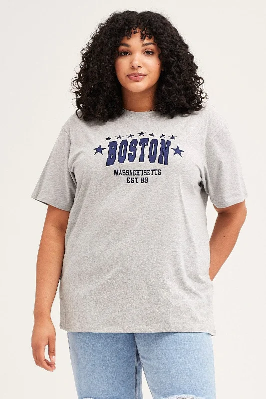 Grey Marle Short Sleeve Boston Oversized Embroidered T-shirt