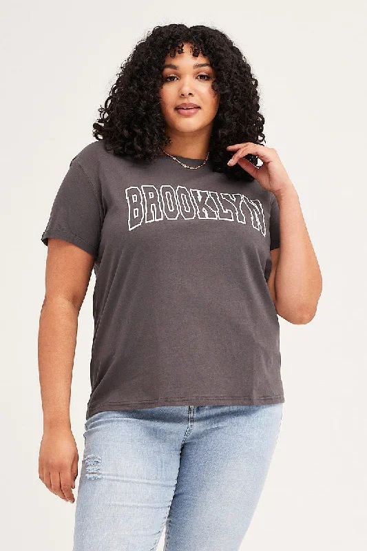 Grey Short Cuff Sleeve Graphic Regular T-shirt