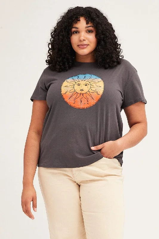 Grey Short Sleeve Abstract Sun Print T-shirt