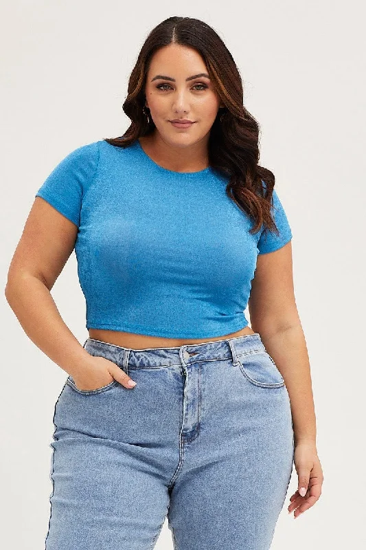 Mid Blue Crop T-shirt Crew Neck Short Sleeve Slinky Jersey