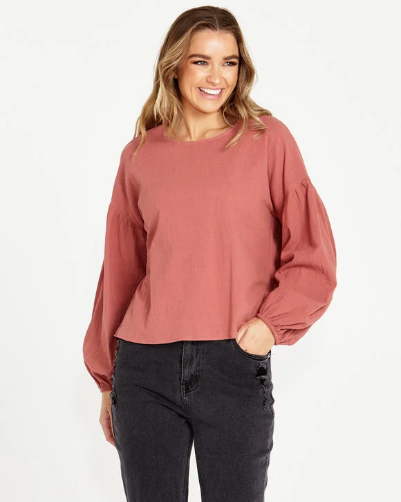 Sass Sonya Puff Sleeve Top Burnt Rose