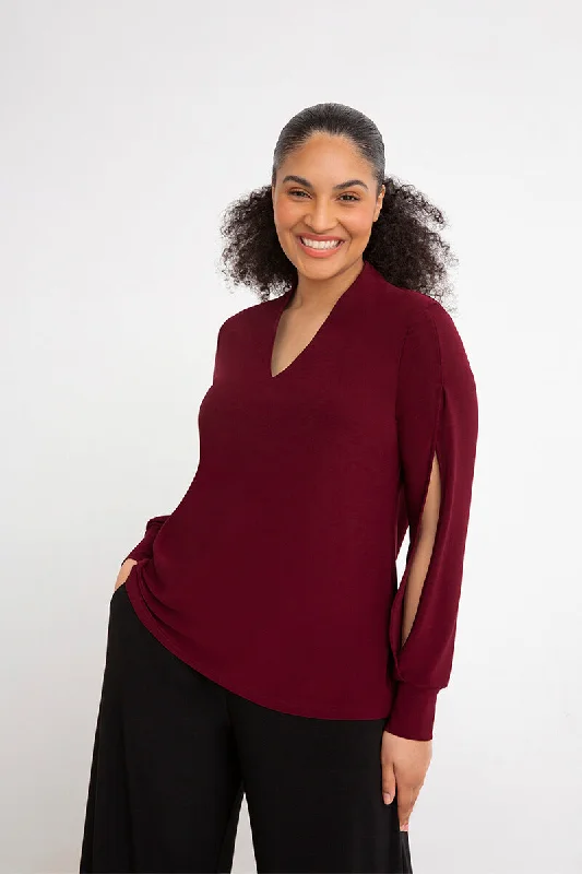 Split Sleeve V-Neck Top | Pomegranate