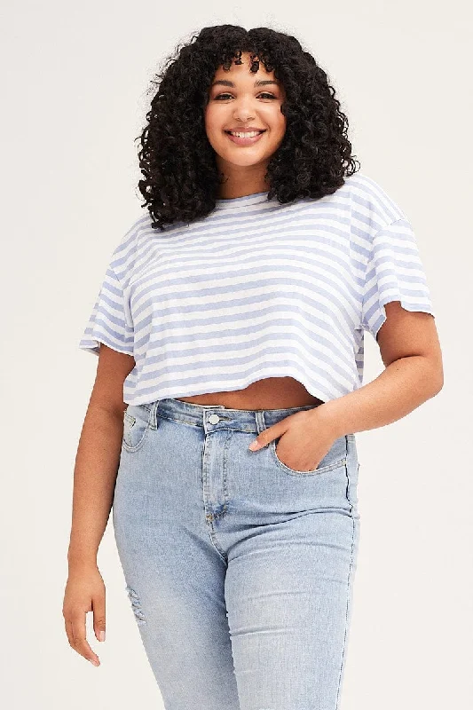 Stripe Crew Neck Short Sleeve Semi Crop T-shirt