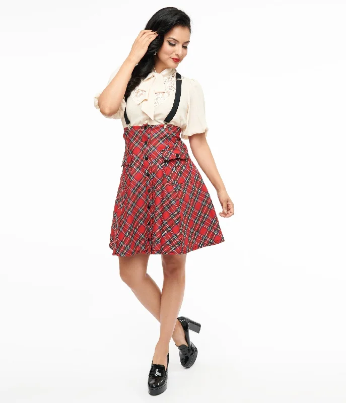 Unique Vintage 1950s Red Bias Plaid Suspender Flare Skirt