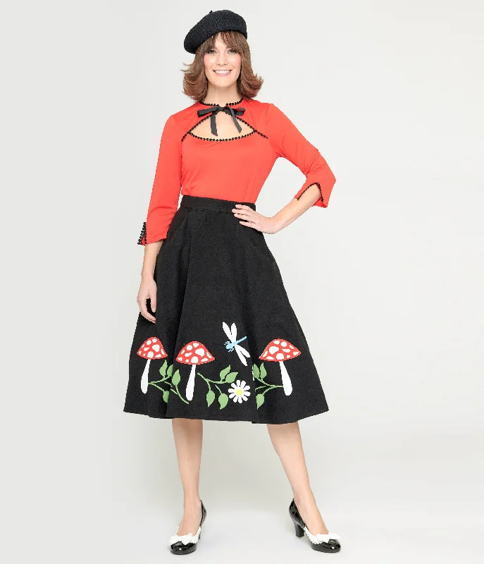 Unique Vintage Black & Mushroom Soda Shop Swing Skirt