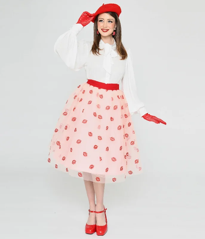 Unique Vintage Pink & Red Glitter Lips Brilliance Swing Skirt