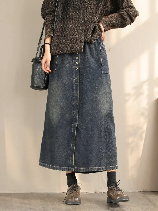 Women Spring Retro Minimalist Cotton Denim Skirt