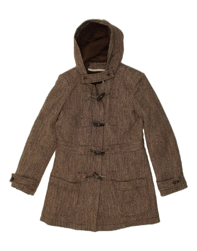 ARMANI JEANS Womens Hooded Duffle Coat UK 16 Large Brown Herringbone Wool