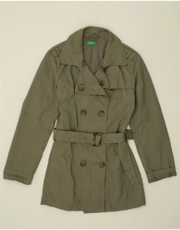 BENETTON Womens Double Breasted Coat IT 48 XL Khaki Cotton