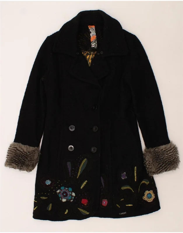 DESIGUAL Womens Graphic Double Breasted Coat EU 40 Medium Black Floral