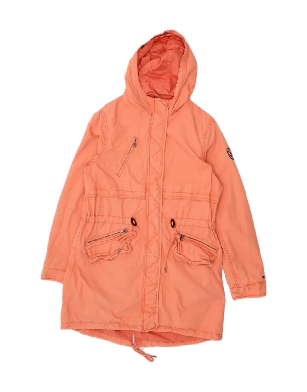 TOMMY HILFIGER Womens Hooded Parka Jacket UK 14 Medium Orange Cotton