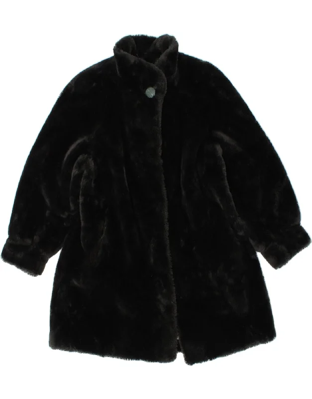 VINTAGE Womens Oversized Faux Fur Overcoat UK 12 Medium Black Acrylic