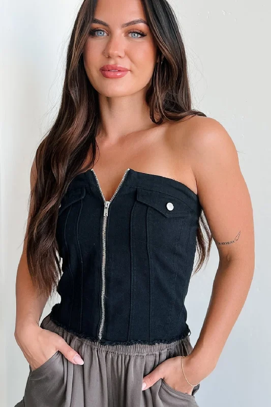 In Too Deep Zip-Front Denim Tube Top (Black)