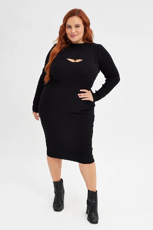 Black Knit Dress Midi Rib with Shrug