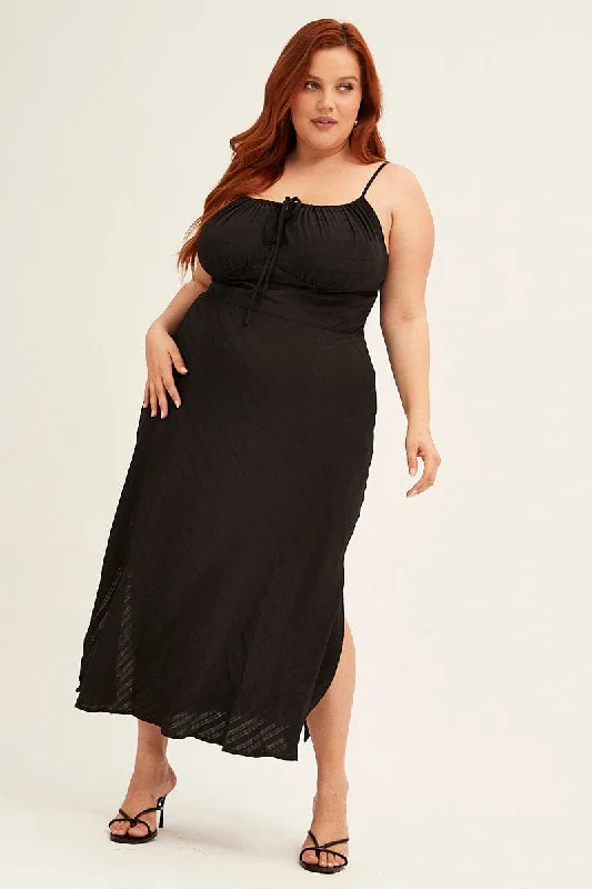 Black Midi Dress Sleeveless Ruched Bust