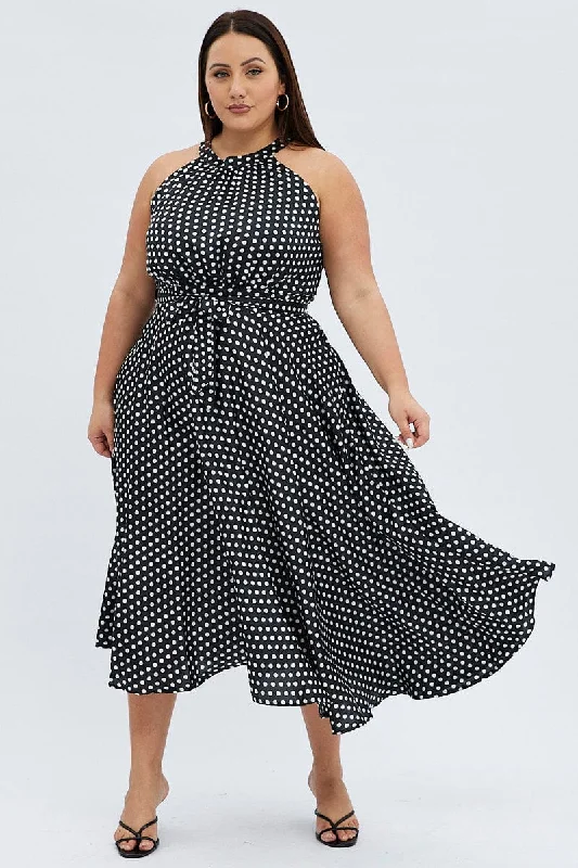 Black Polka Dot Midi Dress Sleeveless High Neck Satin