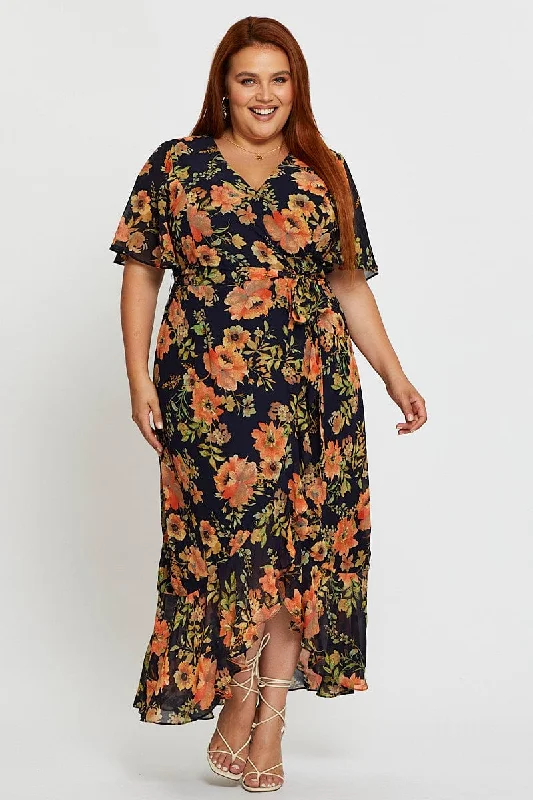 Blue Floral Print Midi Dress V-neck Short Sleeve