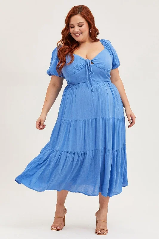 Blue Midi Skater Dress Short Sleeve Tie Front