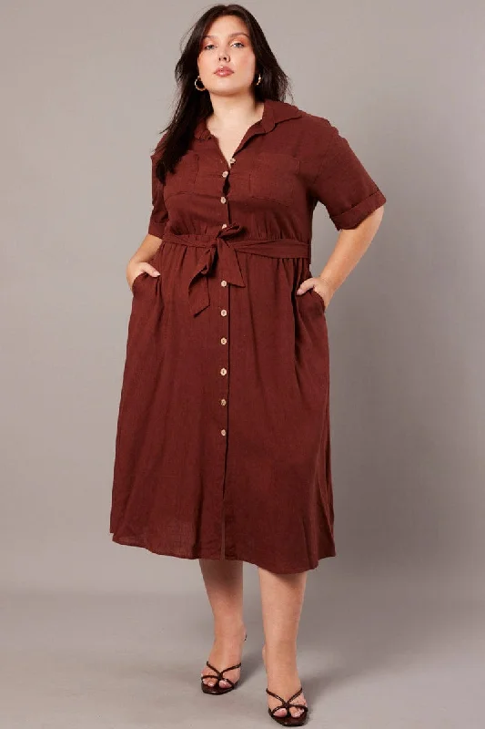 Brown Midi Dress Puff Sleeve Belted With Pockets