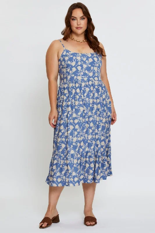 Floral Print Midi Dress Square Neck Sleeveless