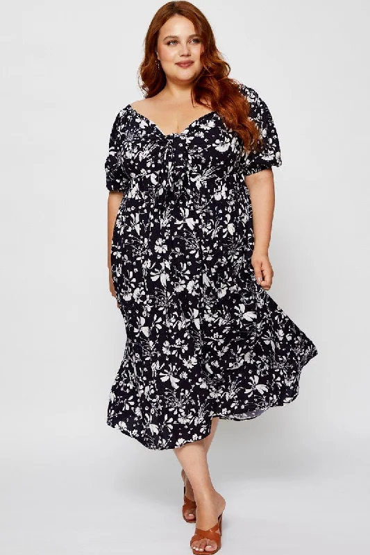 Floral Print Midi Dress V-neck Short Sleeve