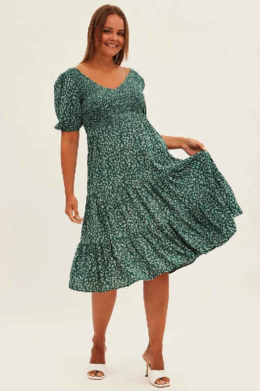 Green Ditsy Midi Dress Shirred Bodice V-neck