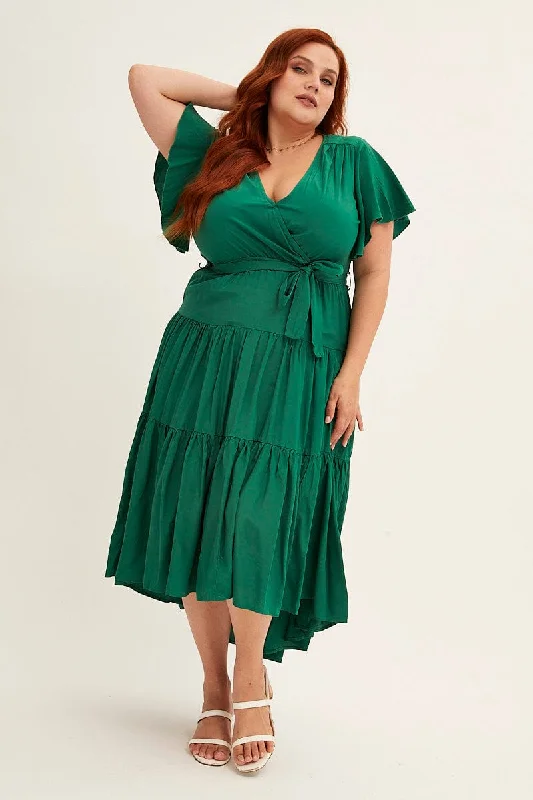 Green Midi Dress V-neck Tie