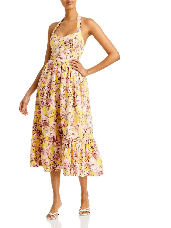 Labella Womens Floral Tie Neck Midi Dress