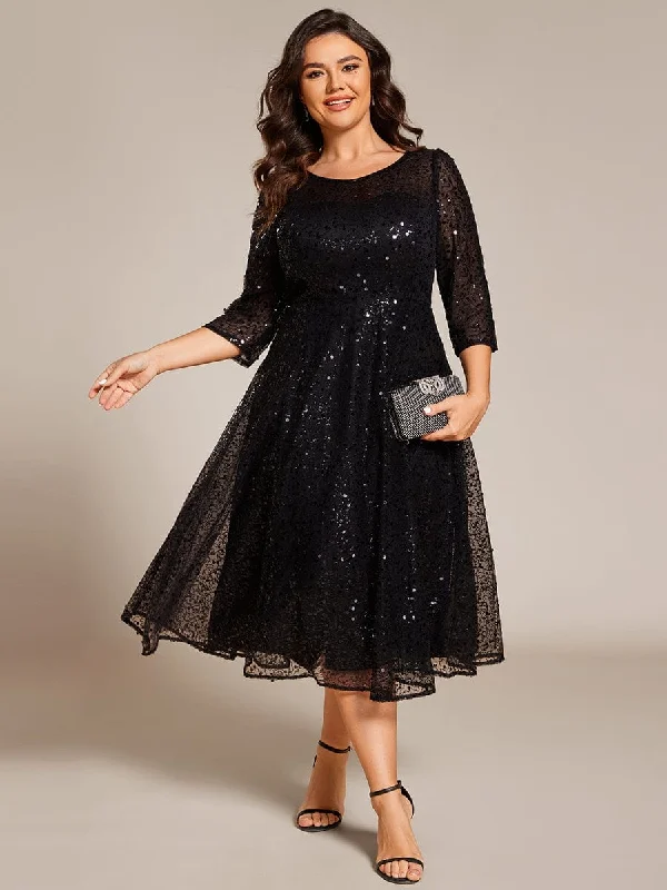 Elise | Plus Size 3/4 Sleeve Midi Round Neck A-Line Sequin Wedding Guest Dress