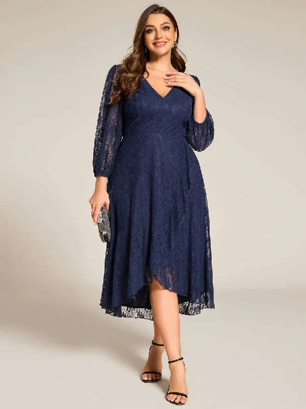 Irene | Plus Size Midi Long Lantern Sleeves V-Neck Lace Wedding Guest Dress