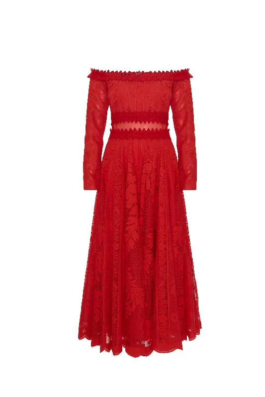 Red Lace Midi Dress