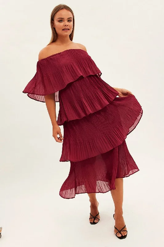 Red Off Shoulder Pleated Midi Dress