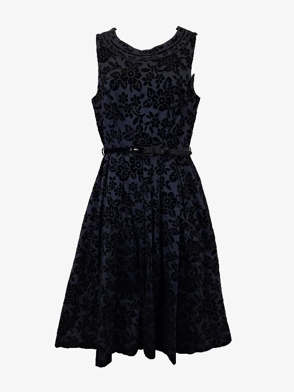 Review Elegant Navy Belted Jacquard Cocktail Midi Dress Size 8