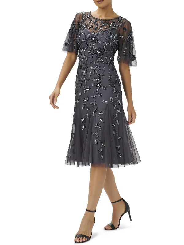 Womens Embellished Midi Cocktail and Party Dress